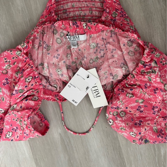 AFRM Waverly Pink Floral Puff Sleeve Smocked Ruffle Crop Top size XS - Picture 6 of 6